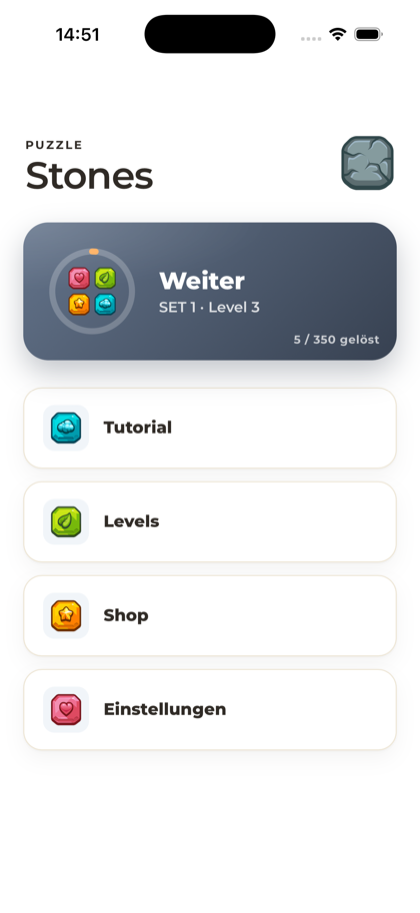 Hauptmenü der Stones-App mit Fortschrittsanzeige